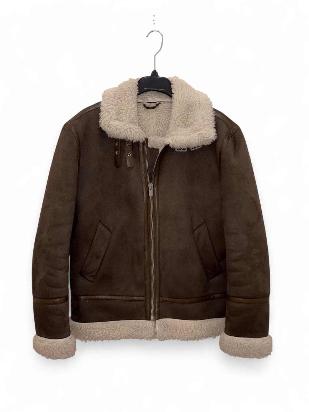 Zara Brown Faux Suede Shearling Lined Aviator Biker Jacket Size Large Cabin Core